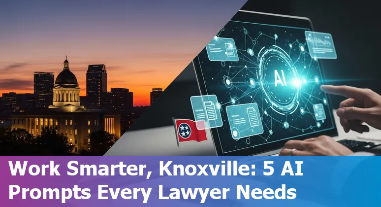 Attorney using AI prompts on a laptop in a Knoxville law office with city skyline visible.