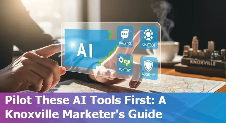 Knoxville marketers collaborating with AI tools on laptops showing dashboards and creative assets.
