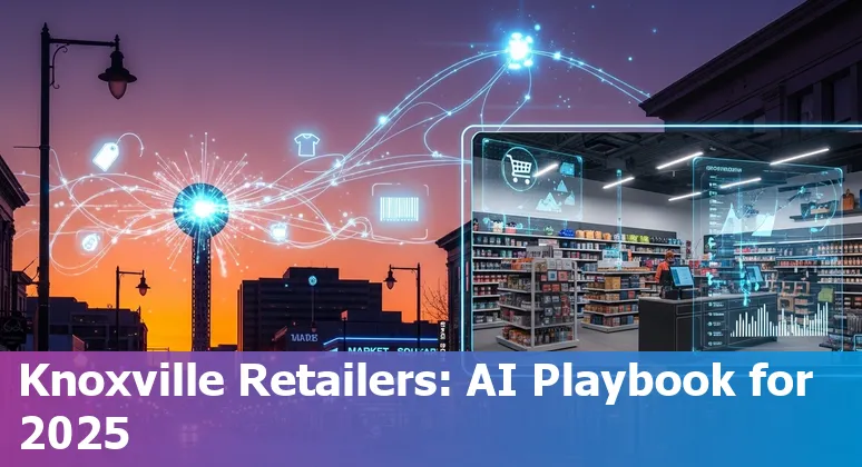 Retail AI strategy meeting in Knoxville, Tennessee: laptop showing AI dashboard and local partnerships