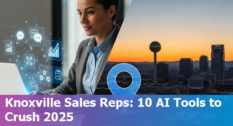 Collage of AI sales tool logos (Gong, ChatGPT, Clari, Lavender, ZoomInfo, Chorus, Lyne.ai, Salesforce Einstein, Seamless.ai, Reggie.ai, Fireflies.ai) with a Knoxville skyline.