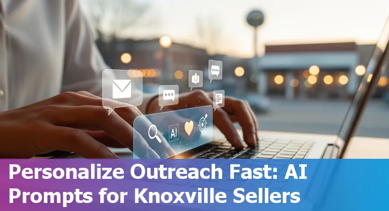 Sales professional in Knoxville using AI prompts on a laptop with Knoxville skyline in background