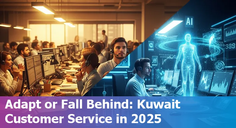 Illustration of a customer service agent and AI chatbot with Kuwait skyline, showing Kuwait 2025 transformation