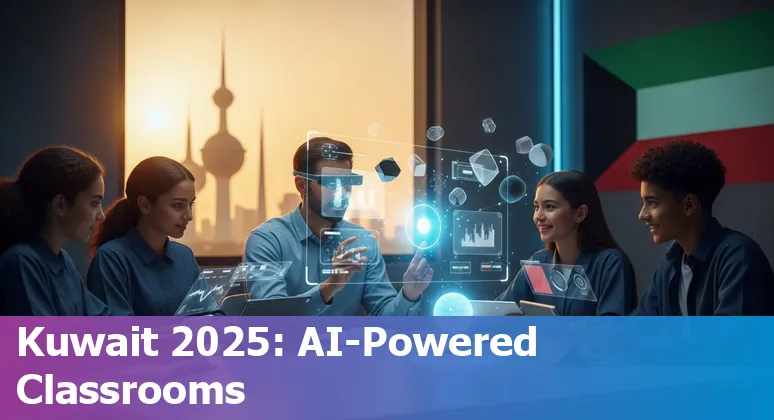 Students and teachers using AI-powered interactive screen in a Kuwait classroom, 2025