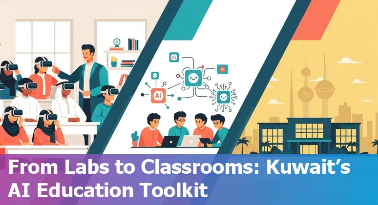 Teacher using AI tools to create bilingual Kuwait classroom materials on a laptop.