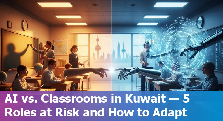 Teacher and students with AI icons representing education jobs in Kuwait adapting to AI