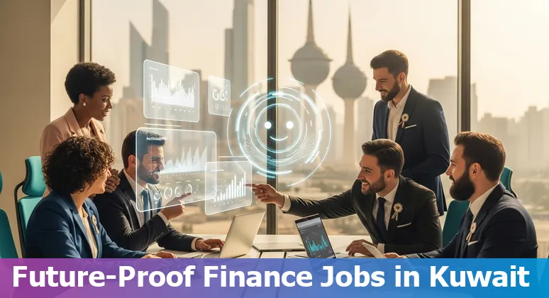 Finance team using AI tools in a Kuwait office, showing jobs at risk and upskilling in Kuwait 2025