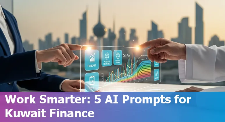 Finance professional in Kuwait using AI prompts on laptop showing cash position, forecast, AR aging, GL anomalies, and cost-savings suggestions.