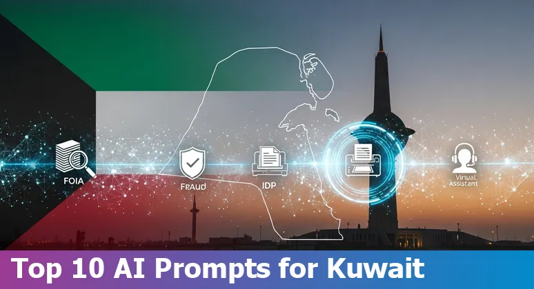 Government official using AI-powered document interface showing FOIA automation, policy compliance dashboards, and citizen chatbots in Kuwait.