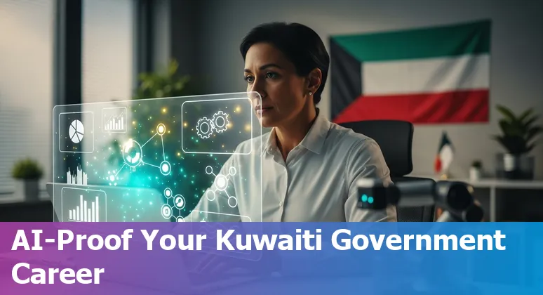 Kuwaiti government workers with AI icons and upskilling symbols, showing adaptation to automation.