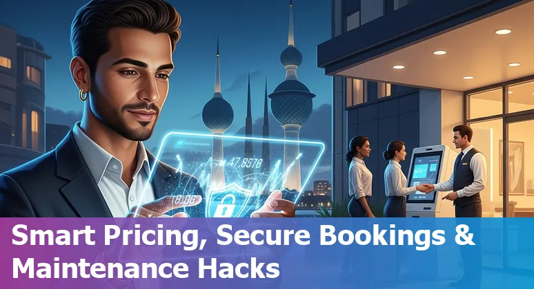 Hotel staff and dashboard showing multilingual chat, pricing charts, and HVAC controls for a Kuwait hotel.