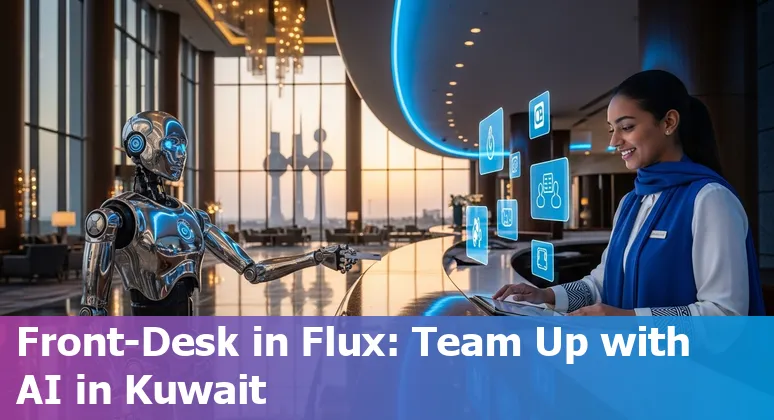 Hotel staff in Kuwait adapting to AI: front desk receptionist, concierge, housekeeping attendant, waitstaff, and chef.
