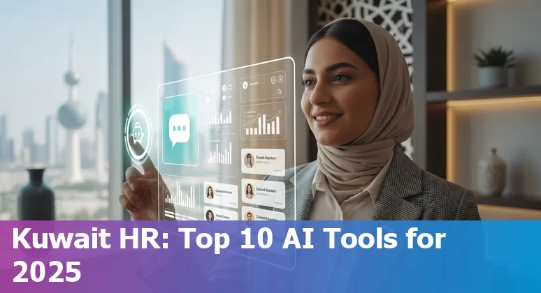 Collage of AI HR tool icons over the Kuwait skyline symbolizing HR technology in 2025