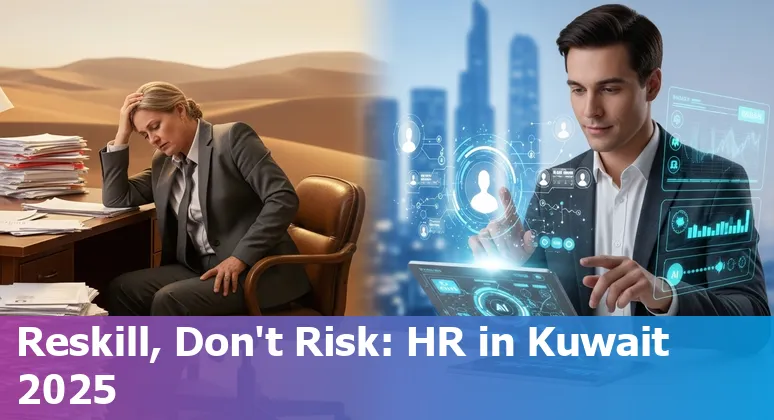 Kuwait HR team with AI icons and Kuwait flag overlay, symbolizing AI's impact on HR jobs in Kuwait 2025.