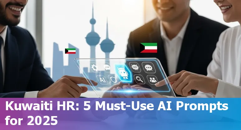 HR professional in Kuwait using AI prompts on a laptop, bilingual benefits one-pager and retention dashboard visible