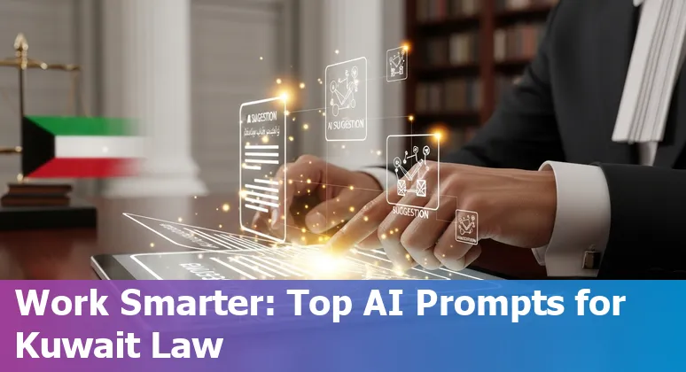 Kuwaiti legal professional using AI prompts on a laptop with Kuwait City skyline and a gavel