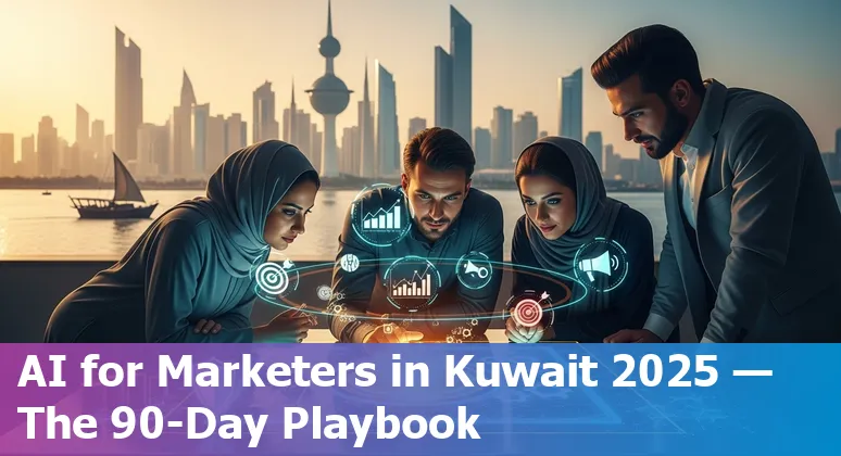 AI marketing tools and Kuwait skyline illustration showing AI adoption for marketers in Kuwait