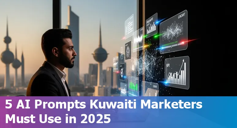 Kuwaiti marketer using AI prompts on a laptop with Kuwait City skyline in background