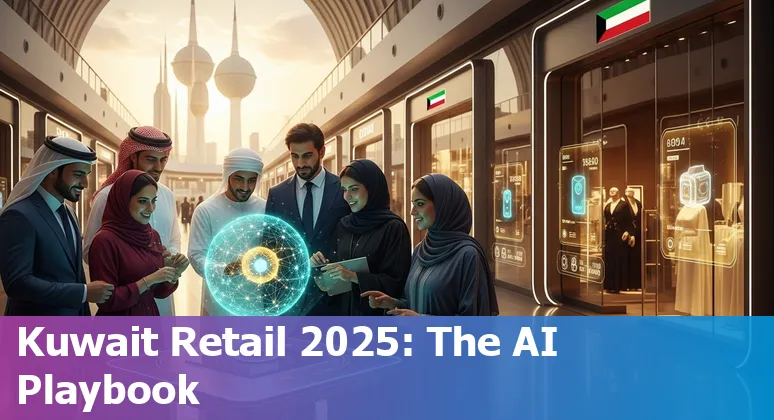Illustration of AI-powered retail solutions in Kuwait stores in 2025, showing chatbots, smart shelves and AR try-on in Kuwait