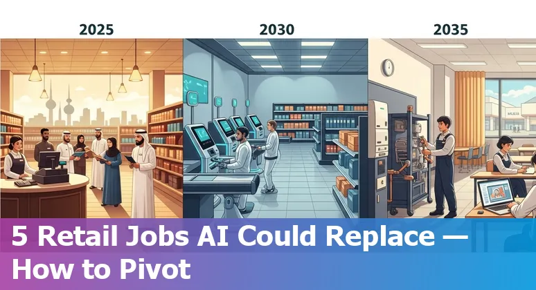 Kuwaiti retail workers with AI automation icons, showing jobs at risk and reskilling paths