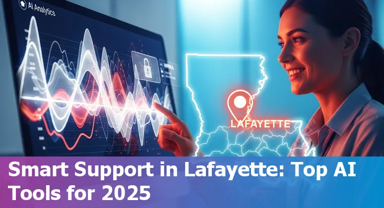 Customer service agent using AI chat and phone tools with Lafayette skyline in background