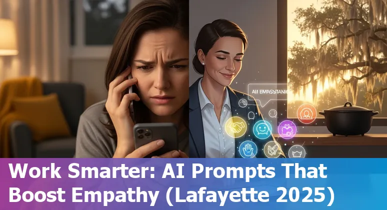 Customer service agent in Lafayette using AI prompts on a laptop with local skyline in background