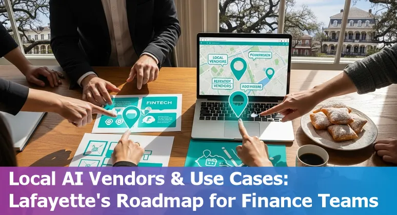 Illustration of AI use cases in financial services with Lafayette, Louisiana landmarks and icons for chatbots, fraud detection, and underwriting.