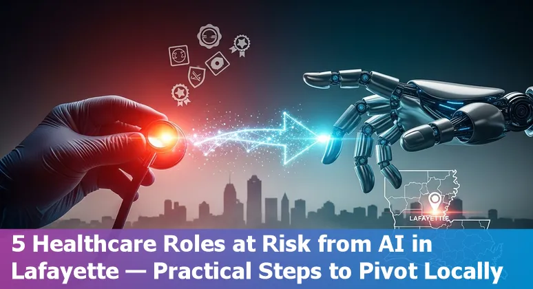 Healthcare worker using AI tools next to medical staff in a Lafayette clinic, representing roles at risk and pathways to adapt.