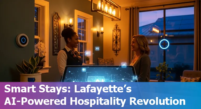 Hotel lobby with AI-driven energy dashboard and staff using tablets in Lafayette, Louisiana hotel.