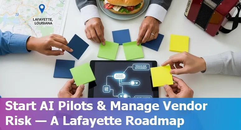 HR professional using AI laptop dashboard with Lafayette, Louisiana skyline and local university logos