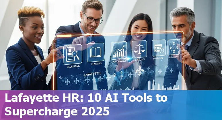 HR professional in Lafayette using AI tools dashboard showing recruiting, learning, and scheduling apps.