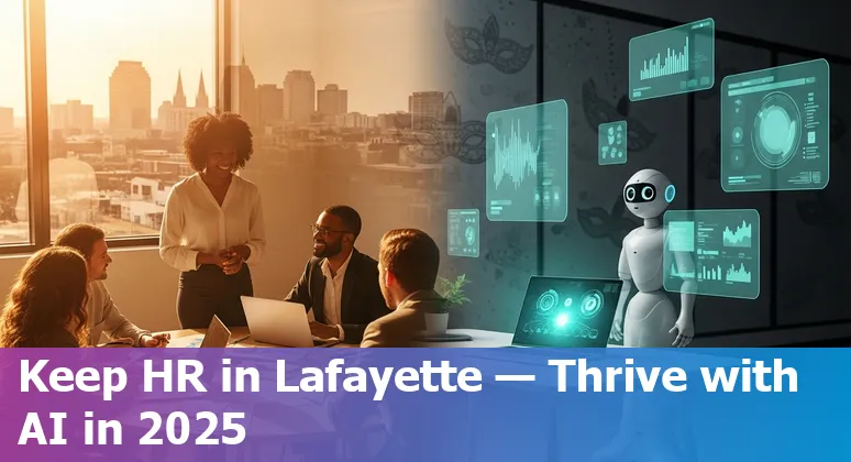 HR professional using AI tools in an office with Lafayette, Louisiana skyline visible — concept of AI and HR jobs in Lafayette, Louisiana