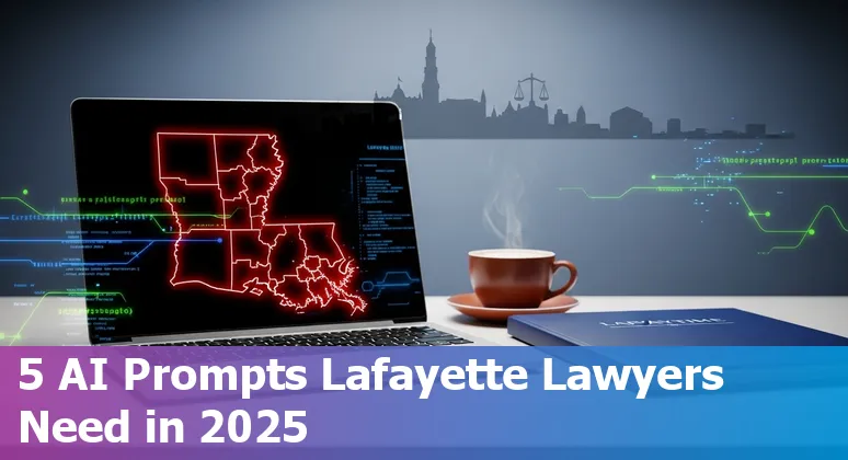 Lawyer at desk using AI on laptop with folder labeled 'Lafayette Legal Prompt Library'.