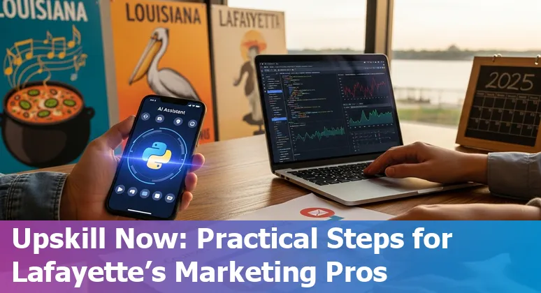 A Lafayette, Louisiana marketer using AI tools on a laptop while planning a local campaign in 2025