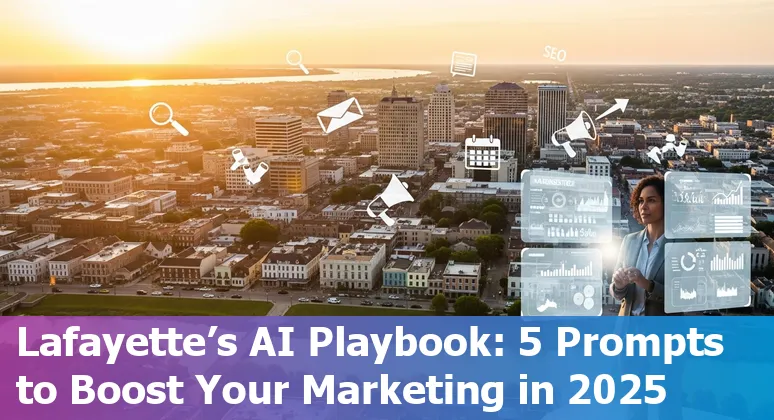 Marketing professional using AI prompts on a laptop with Lafayette skyline and festival imagery in the background