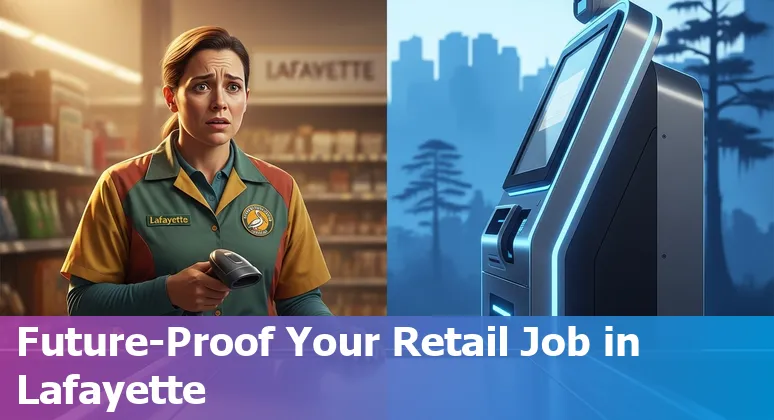 Retail worker helping customer as automated checkout and robots operate in a Lafayette store.