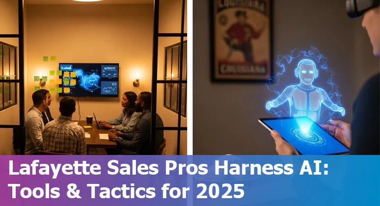 Sales professional using AI tools in Lafayette, Louisiana, with local skyline and sales dashboards on screen