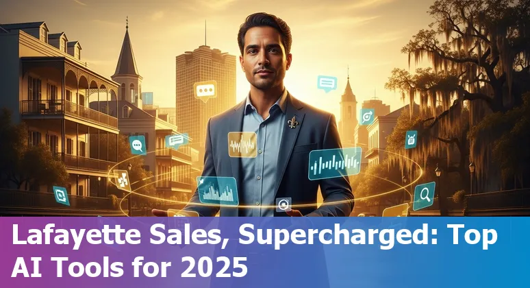 Sales rep using AI tools like ChatGPT, Gong, and Clari on a laptop with Lafayette skyline in background