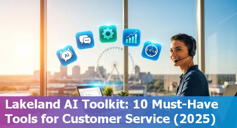 Customer service agent using AI chat tools on laptop with Lakeland skyline in background
