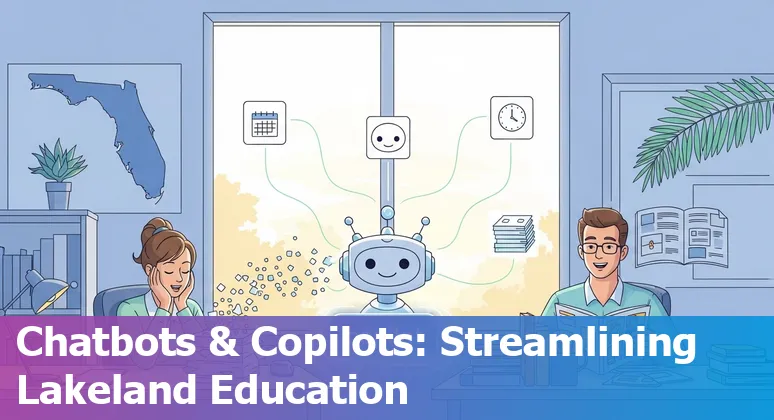 Illustration of AI tools, chatbots, and educators in a Lakeland, Florida school district office