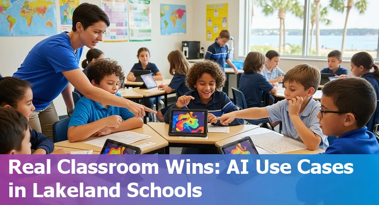 Teacher using AI prompts on a laptop in a Lakeland classroom with local landmarks visible through a window.