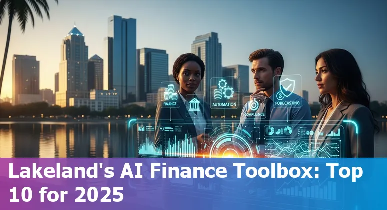 Collage of AI tools logos with Lakeland skyline and finance icons (invoices, graphs, bank).