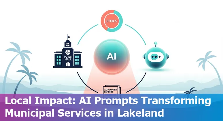 Lakeland city hall with AI icons connecting services like chatbots, SEO, reports, and training