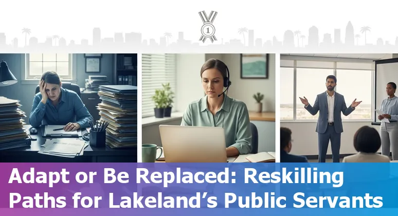 Lakeland government office worker using laptop with AI icons and Lakeland skyline in background
