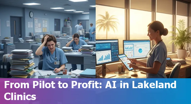 Healthcare AI pilot illustration for Lakeland, Florida hospitals showing clinicians, AI tools and cost-savings.