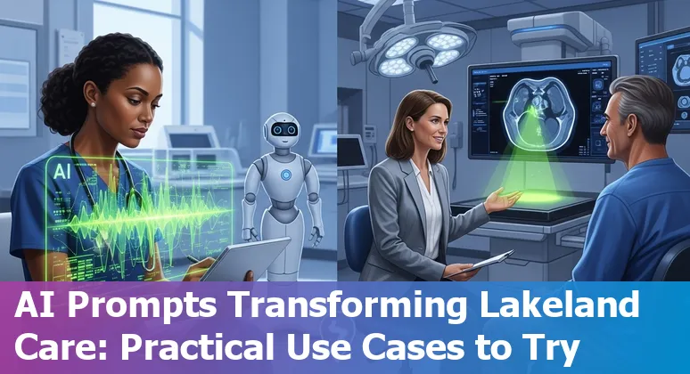 Healthcare professional using AI tools on a tablet in a Lakeland, Florida clinic, with local map pin and medical icons.