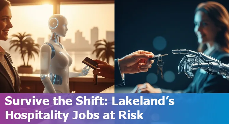 Lakeland hotel front desk with automated kiosk and a staff member using a tablet, illustrating AI impact on hospitality jobs.