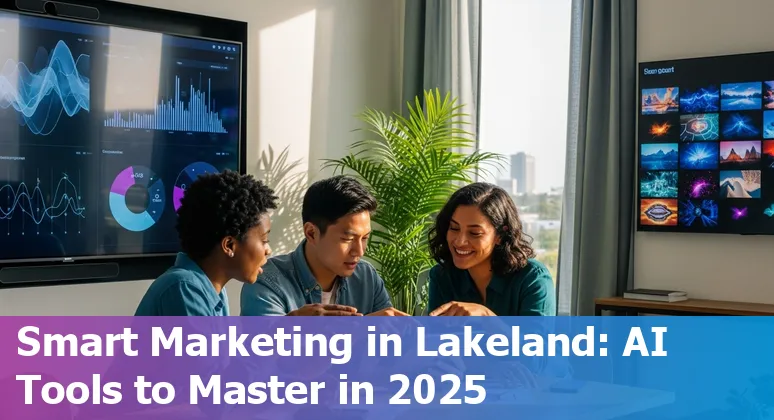 Lakeland marketer using AI tools on laptop with city skyline and Florida map overlay