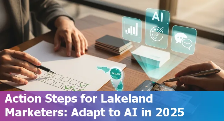 Lakeland, Florida marketer using AI tools on a laptop with Polk County skyline in background