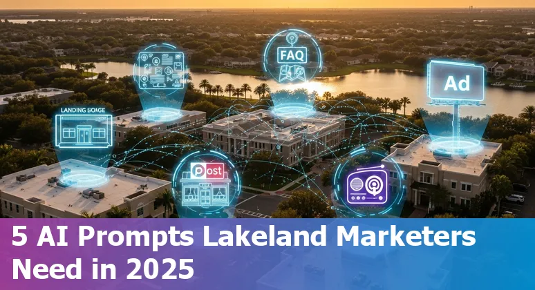 Lakeland marketer using AI prompts on a laptop to create local landing pages, social posts, and ad campaigns.