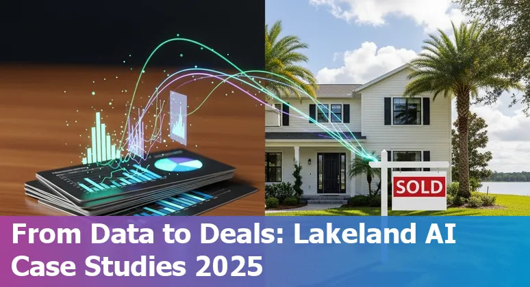 Real estate agent using AI tools on a tablet in Lakeland, Florida, 2025; virtual tours and market charts on screen.